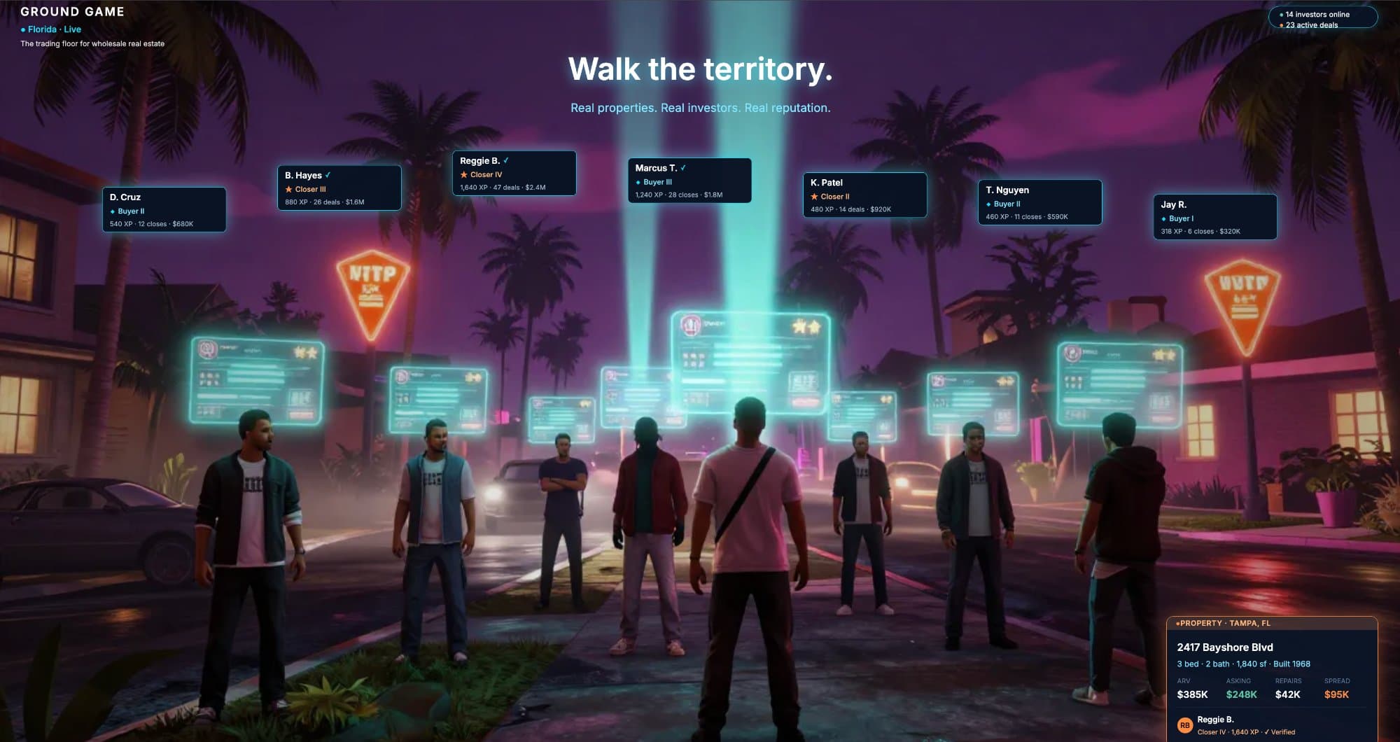 Night scene with neon holographic player panels